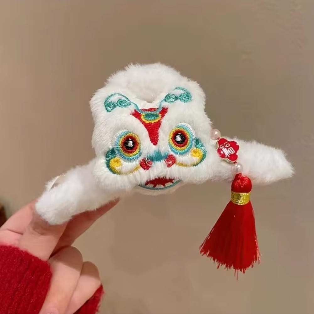 White Plush Lion Dance Hair Clip with Red Tassel
